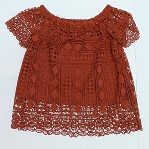 Maurices Rust Orange Lined Lace Crochet Blouse, Short Sleeve, Women's Size Small